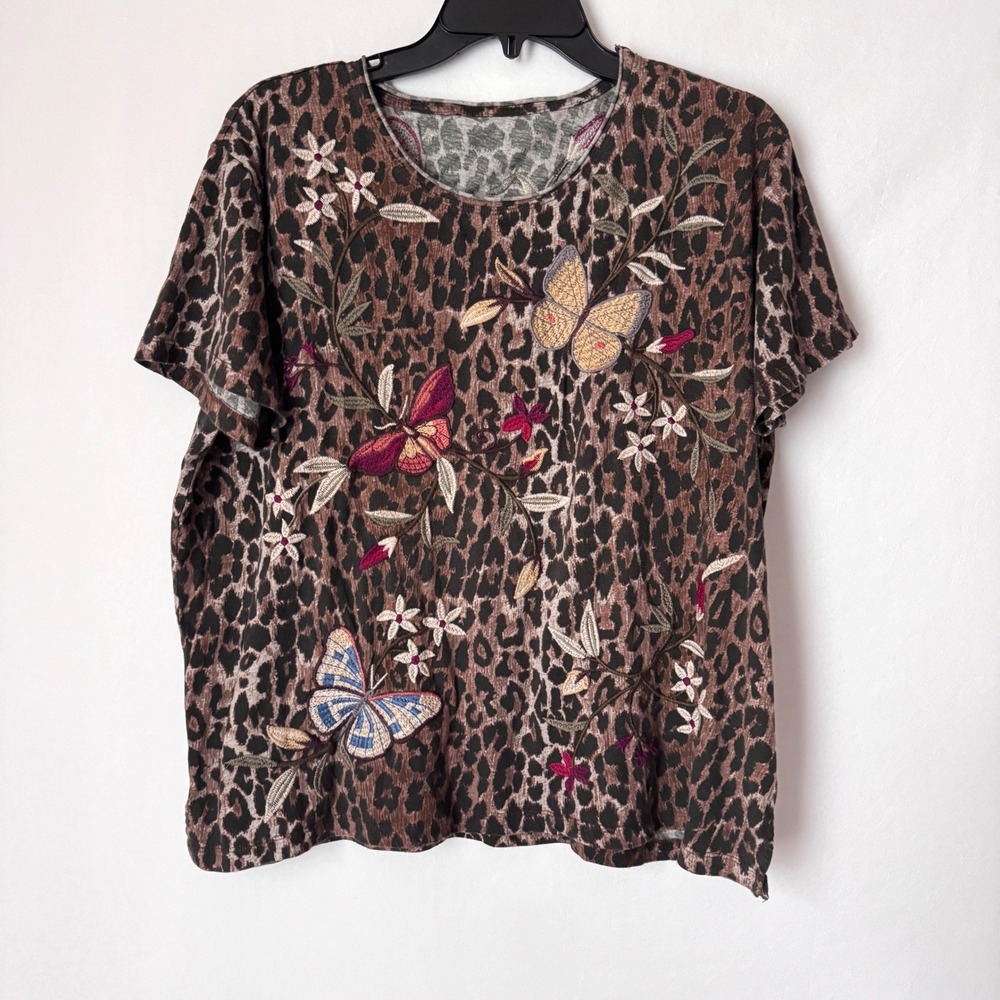 Johnny Was Penelope Animal Print Embroidered Tee Women L Brown Boho J-12922-7